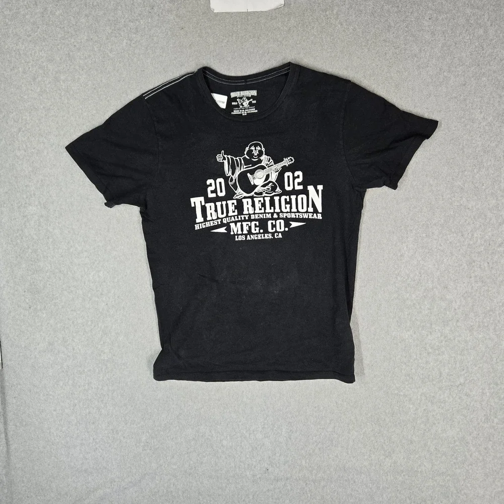 True Religion Men Shirt M/M Black Graphic Guitar Buddha Logo Short Sleeve